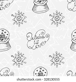 Seamless winter pattern with hand drawn elements. Vector illustration for your graphic design.