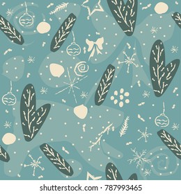 Seamless Winter pattern with hand drawn bear, spruce, leafs, snowflakes. Winter/Merry Christmas Collection. Great For backgrounds, wrapping paper, prints, wallpaper, cards, textiles, etc