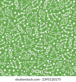 Patrón de invierno sin problemas con árboles de Navidad y juguetes dibujados a mano. Vector.