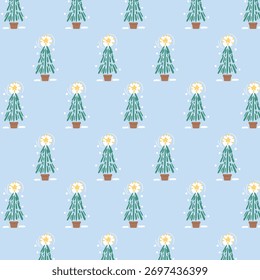 Seamless winter pattern with hand-drawn Christmas trees in flower pots. Perfect for holiday wrapping paper, textiles, greeting cards, and seasonal designs.
