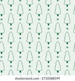 Seamless winter pattern with hand-drawn Christmas trees and snowflakes on light green background. Vector cozy seasonal background