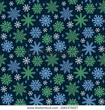 Seamless winter pattern with hand-drawn snowflakes in blue, green, and white. Flat vector ideal for holiday gift wrap, Christmas cards, party decor, textile, scrapbooking, digital paper