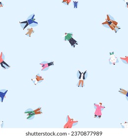 Seamless winter pattern with happy people making snow angels. Wintertime holiday fun. Endless background, repeating print design for fabric, textile, wrapping, decoration. Flat vector illustration