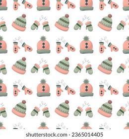 Seamless winter pattern with a hat and mittens on a white background.Use for paper, banner, cards, poster, fabric Vector illustration.