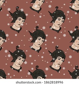 Seamless winter pattern with heads of antique young man in helmet and snowflakes.