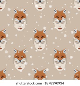 Seamless winter pattern with heads of beautiful woman in fox mask.