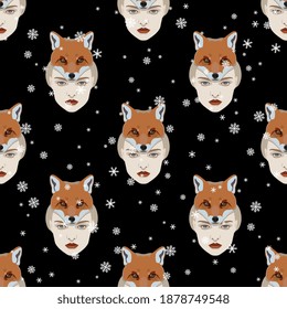 Seamless winter pattern with heads of beautiful woman in fox mask.