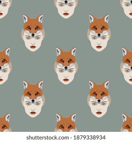 Seamless winter pattern with heads of beautiful woman in fox mask.