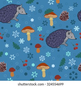 Seamless winter pattern with hedgehog, mushrooms, berries, oak leaves and snowflakes. Christmas and New Year background.