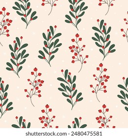 Seamless winter pattern with holly leaves and red berries for greeting cards, wrapping paper. Vector