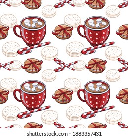 Seamless winter pattern with hot cocoa drink and biscuits, candy cane, holiday vector illustration.