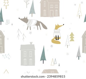 Seamless winter pattern with houses and foxes in the forests winter pattern with houses and foxes in the forest. Vector illustration