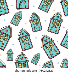 Seamless winter pattern with houses and snow on white background, for design, textile, print.