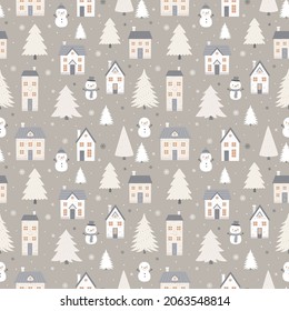 Seamless winter pattern with houses, snowmen and fir trees.