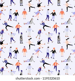 Seamless winter pattern with ice skaters