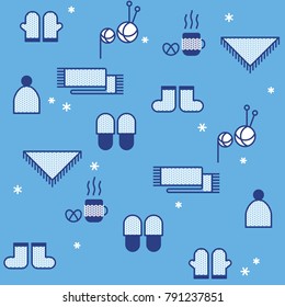Seamless winter pattern with knitted clothing. Hygge concept