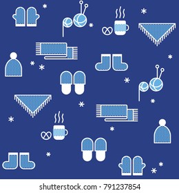 Seamless winter pattern with knitted clothing. Hygge concept