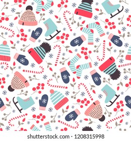 Seamless winter pattern with knitted hats, socks and mittens. Vector pattern. Hand drawn vector background. Winter mood. Design for seasonal textile, prints, scrapbook, greeting card, wrapping paper.