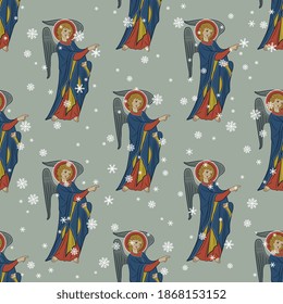 Seamless winter pattern with medieval angels and snowflakes. Vintage Christmas design.