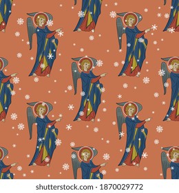 Seamless winter pattern with medieval angels and snowflakes. Vintage Christmas design.