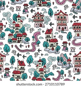 Seamless Winter pattern with a medieval village. Background with doodle houses and trees. Winter Town Map. Christmas