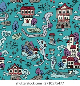 Patrón de invierno sin fisuras con un pueblo medieval. Fondo con casas de garabatos y árboles. Mapa de Winter Town. Navidades