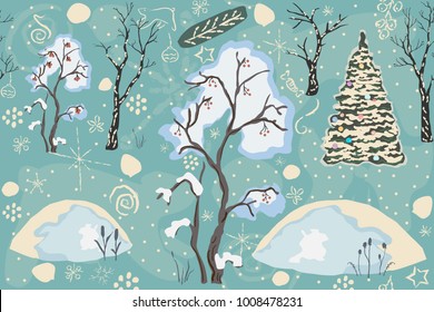 Seamless Winter pattern with merry Christmas tree, berry tree covered with snow and snowdrifts. Repeating winter pattern. Vector Illustration