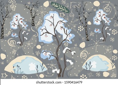 Seamless Winter pattern with merry Christmas tree, berry tree covered with snow and snowdrifts. Repeating winter pattern. Vector Illustration