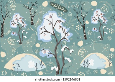 Seamless Winter pattern with merry Christmas tree, berry tree covered with snow and snowdrifts. Repeating winter pattern. Vector Illustration