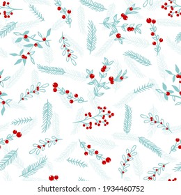 Seamless winter pattern. Merry Christmas, Happy New Year seamless pattern with branches, leaves, red berries for greeting cards, wrapping papers. 