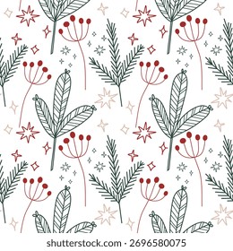 Patrón de invierno sin fisuras "Navidades alegres y año Nuevo" con ramas de abeto, estrellas y bayas para tarjetas de felicitación, papel de regalo. Ilustración vectorial.