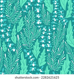 Seamless winter pattern with mistletoe and grass. For fabrics and accessories. Template for fashion prints. Modern floral background. Flat vector illustration.