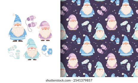 Seamless winter pattern with mittens and gnomes. Warm and cozy ornament for winter. Vector fabric swatch for children