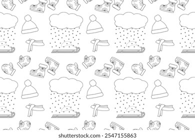 Seamless winter pattern with mittens, hats, boots, and snowfall. Perfect for coloring activities and festive seasonal designs.