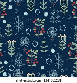 Seamless winter  pattern,  multi-colored , Scandinavian style, nature, snowflakes, dark blue background, hand drawing, vector illustration