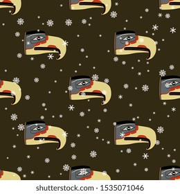 Seamless Winter Pattern With Native American Animal Motifs. Mythic Thunderbird Of Kwakiutl Indians And Snowflakes.