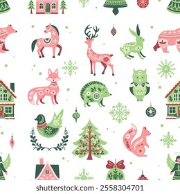 Seamless winter pattern in Nordic style with simple animals and floral ornaments