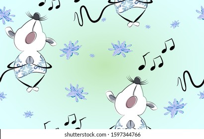 Seamless winter pattern on a background of snowflakes. Funny fat mouse with a long tail sings a song. EPS10 vector illustration.