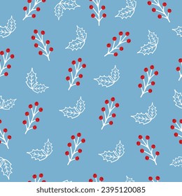 Seamless winter pattern on a blue background with sprigs of red berries. Vector.