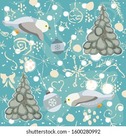 Seamless Winter Pattern with owls and trees. Vector Illustration.