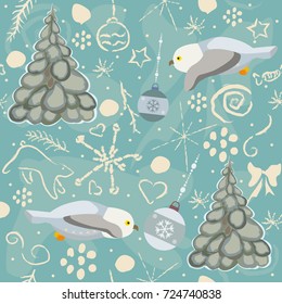 Seamless Winter Pattern with owls and trees. Vector Illustration.