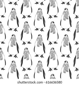 Seamless winter pattern - Penguin in a scarf. Black and white