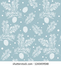 Seamless winter pattern with pine cones, snowdrops and branches. 