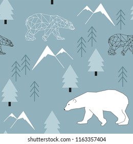 Seamless winter pattern with a polar bear. Vector illustration with polygonal geometry