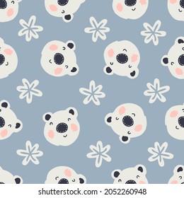 Seamless winter pattern with polar bears and snowflakes. Perfect for T-shirt, textile and prints. Hand drawn vector illustration for decor and design.

