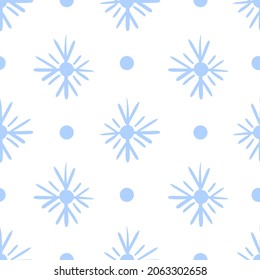 Patrón invernal sin foco con puntos de polka y copos de nieve. Fondo de papel de envoltura de vectores