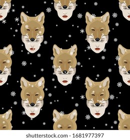 
Seamless winter pattern with portraits of totem girl in coyote mask under snowflakes. 