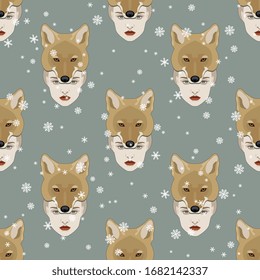 Seamless winter pattern with portraits of totem girl in coyote mask under snowflakes. 