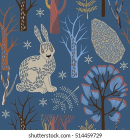 Seamless winter pattern with rabbit. Happy New Year background. Vector design for winter holidays.