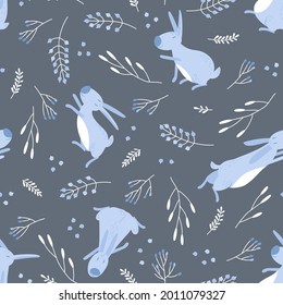 Seamless winter pattern with rabbits and sprigs of plants on a dark background. Great for baby textiles, wallpapers. Flat vector illustration.
